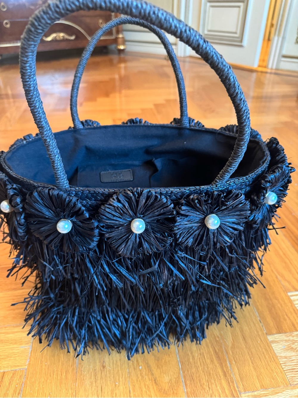 Black Raffia Floral Pearl Accent Tote Bag